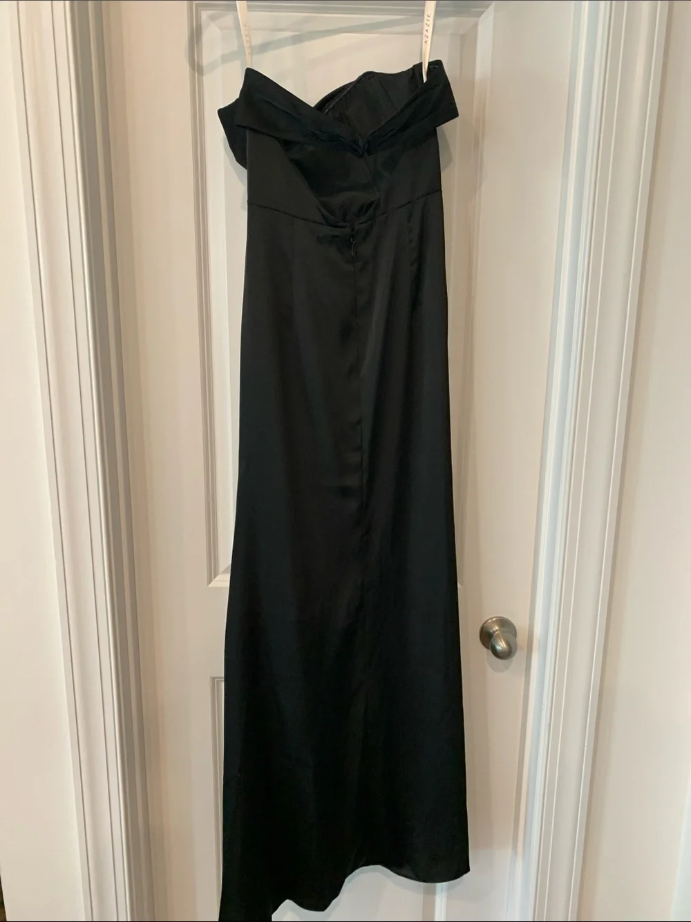 Azazie strapless Black Evening Gown - Classic column satin with split 6
